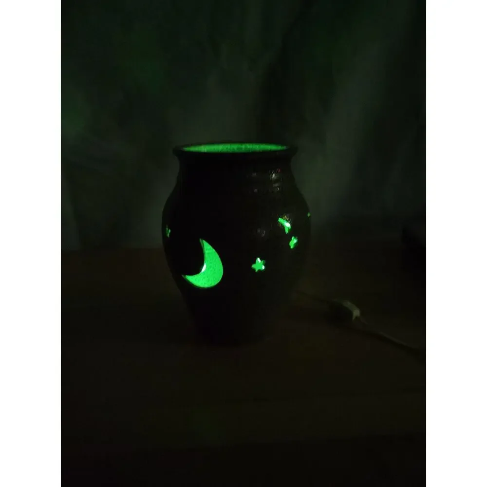 Hand Made Pottery Night Light Moon Stars Electric blue grey 7.5” tall